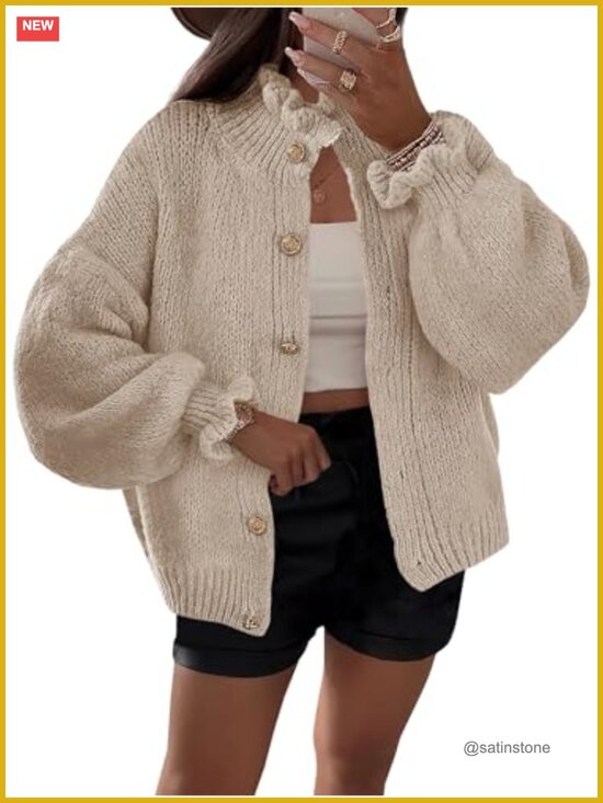 Sweaters - Women's Oversized Ribbed Knit Ruffle Cardigan, Button Front Long Sleeve Sweater